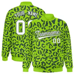 Neon Green Navy Varsity Full-Snap Leopard Graffiti Letterman Jacket