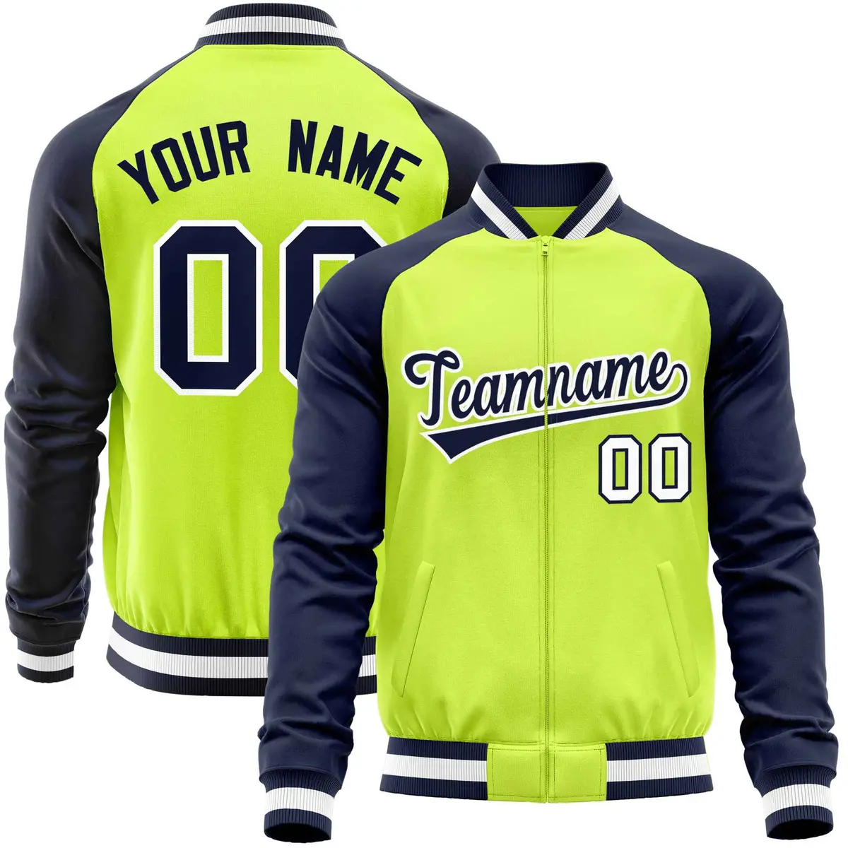 Neon Green Navy Varsity Full-Zip Raglan Letterman Baseball Jacket