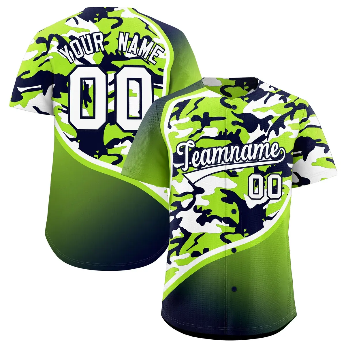 Neon Green Navy White Camo Gradient Fashion Baseball Jersey