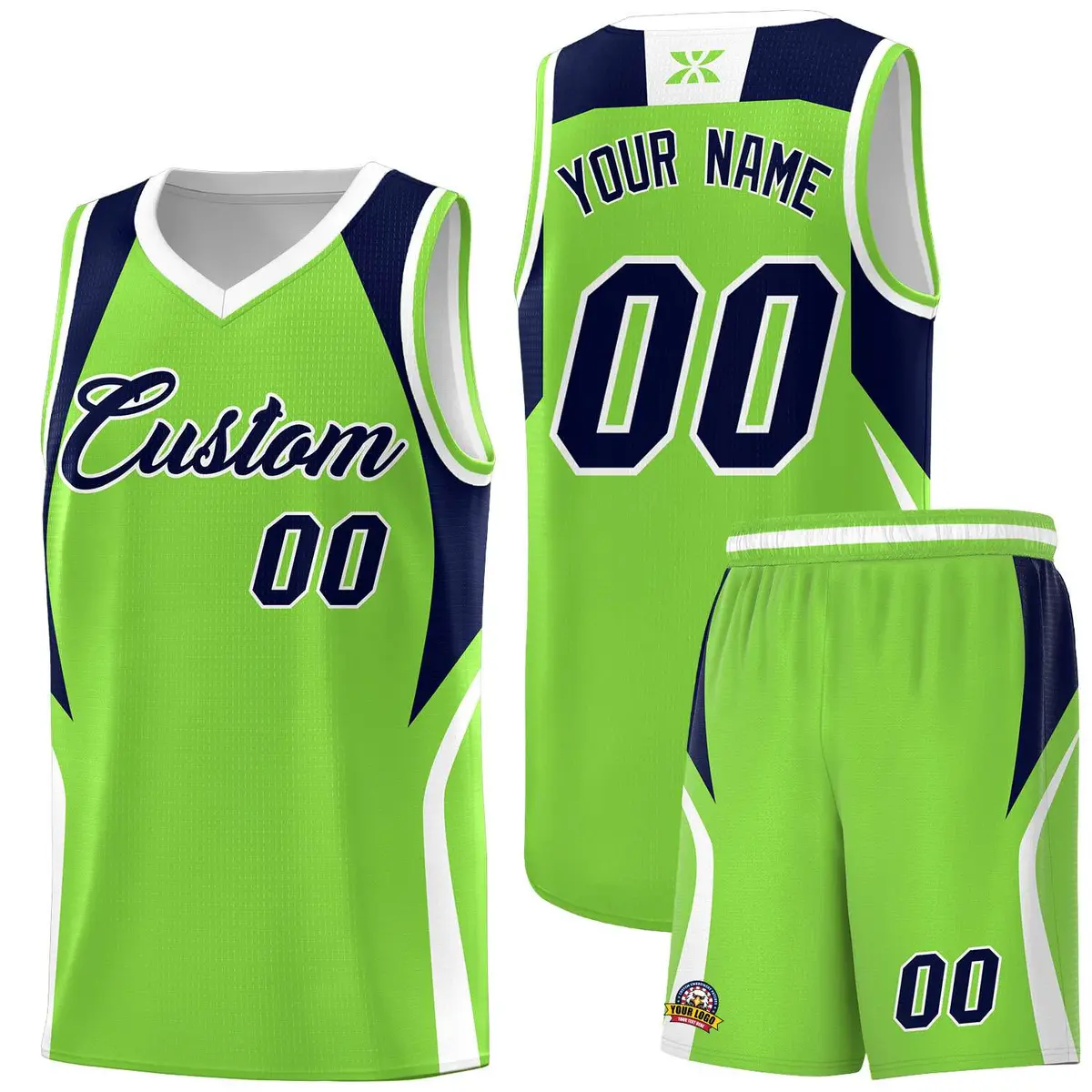 Neon Green Navy White Color Block Basketball Jersey