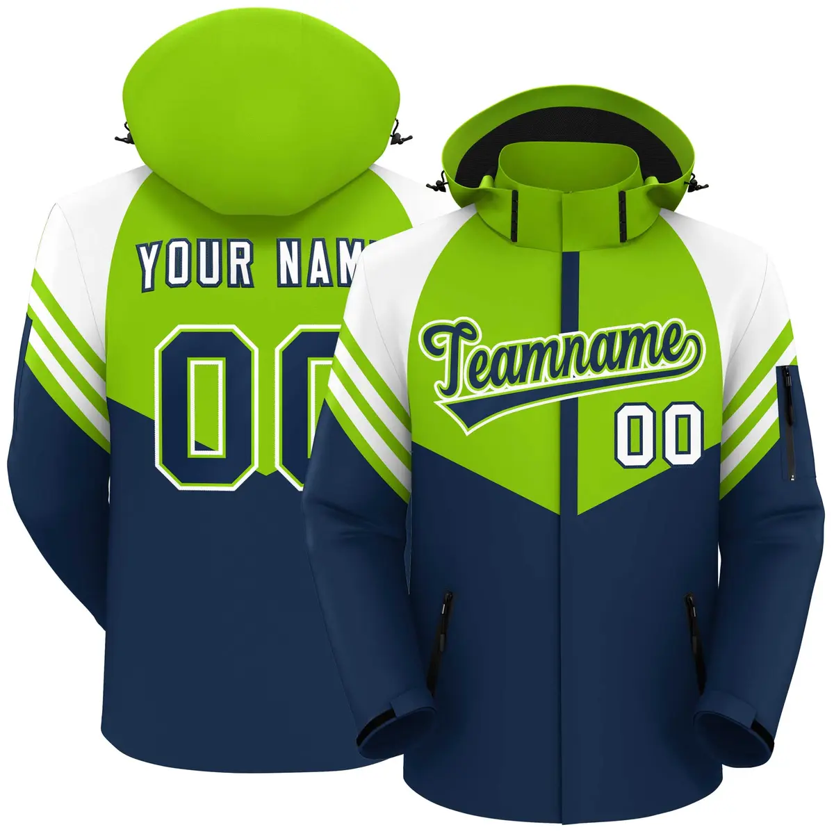 Neon Green Navy White Color Block Hooded Waterproof Jacket