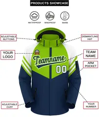 Neon Green Navy White Color Block Hooded Waterproof Jacket 2