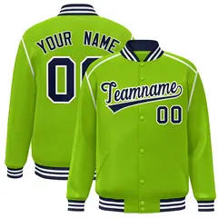 Neon Green Navy-White Color Block Ribbon Varsity Full-Snap Bomber Jacket