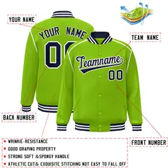 Neon Green Navy-White Color Block Ribbon Varsity Full-Snap Bomber Jacket 2