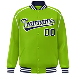 Neon Green Navy-White Color Block Ribbon Varsity Full-Snap Bomber Jacket 3