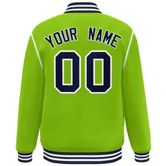 Neon Green Navy-White Color Block Ribbon Varsity Full-Snap Bomber Jacket 4