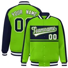 Neon Green Navy-White Color Block Varsity Baseball Bomber Jacket