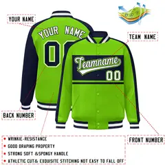 Neon Green Navy-White Color Block Varsity Baseball Bomber Jacket 2