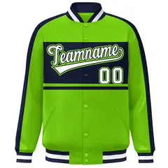 Neon Green Navy-White Color Block Varsity Baseball Bomber Jacket 3