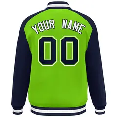 Neon Green Navy-White Color Block Varsity Baseball Bomber Jacket 4