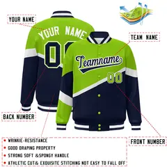 Neon Green Navy-White Color Block Varsity Baseball Bomber Jacket 2