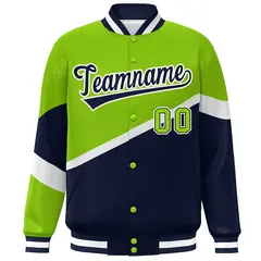 Neon Green Navy-White Color Block Varsity Baseball Bomber Jacket 3