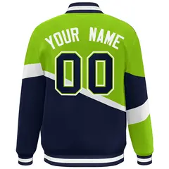 Neon Green Navy-White Color Block Varsity Baseball Bomber Jacket 4