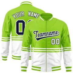 Neon Green Navy-White Color Block Varsity Full-Zip Letterman Bomber Jacket