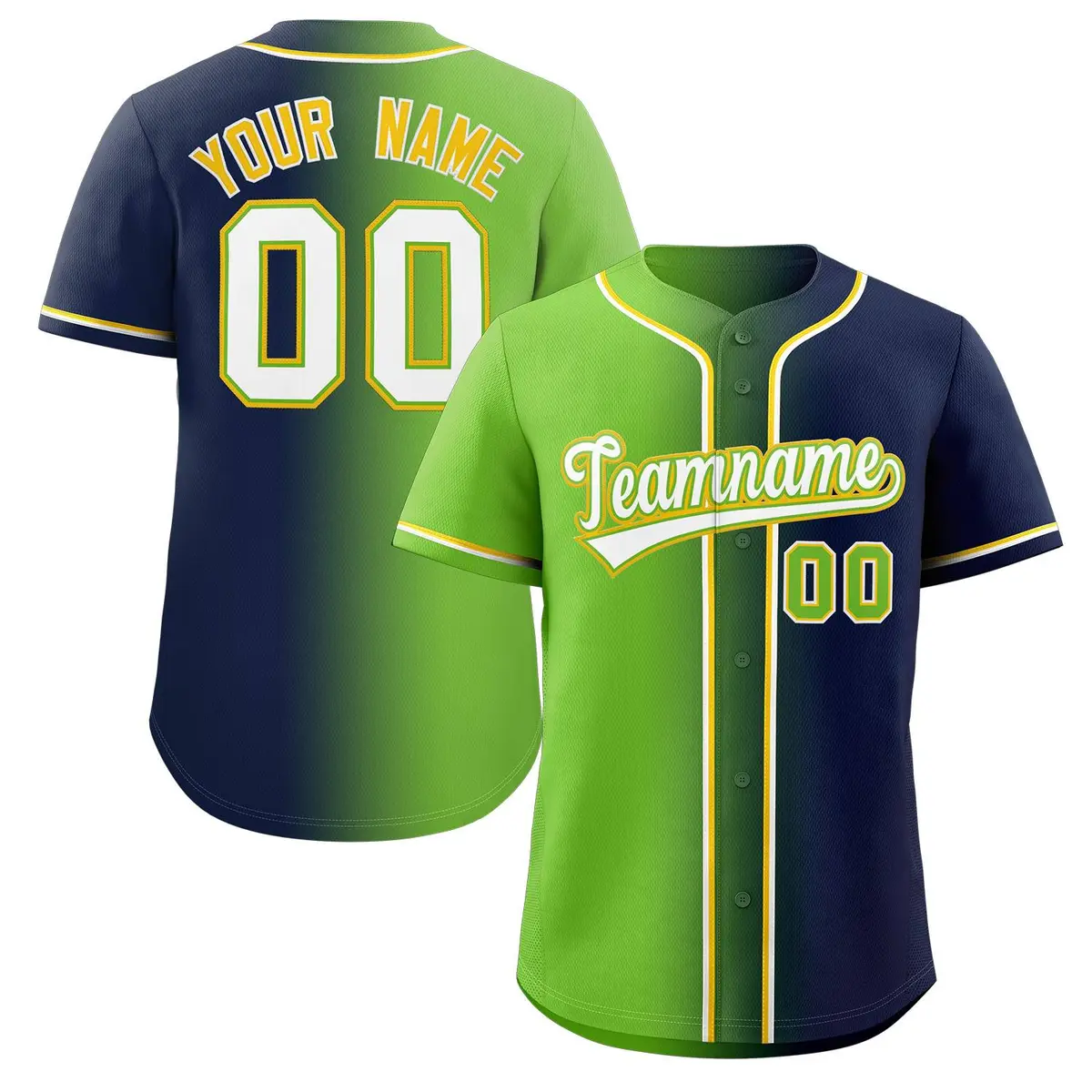 Neon Green Navy-White Gradient Baseball Jersey