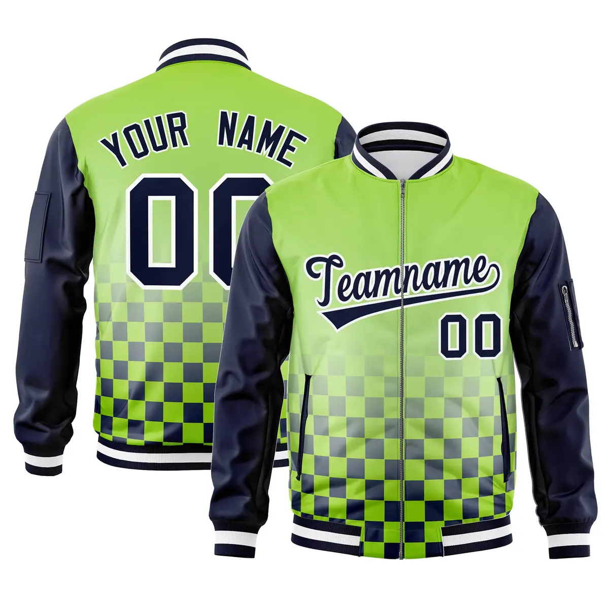 Neon Green Navy-White Grid Color Block Letterman Raglan Jacket