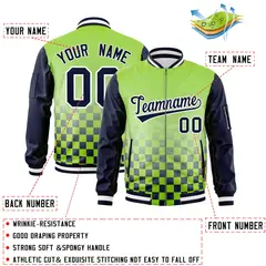 Neon Green Navy-White Grid Color Block Letterman Raglan Jacket 2
