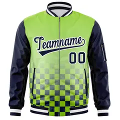 Neon Green Navy-White Grid Color Block Letterman Raglan Jacket 3