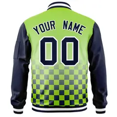 Neon Green Navy-White Grid Color Block Letterman Raglan Jacket 4