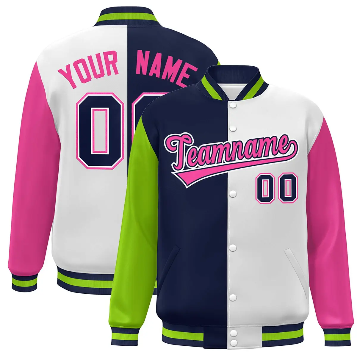 Neon Green Navy White-Pink Color Block Varsity Bomber Jacket