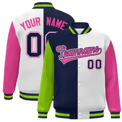 Neon Green Navy White-Pink Color Block Varsity Bomber Jacket