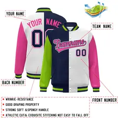 Neon Green Navy White-Pink Color Block Varsity Bomber Jacket 2