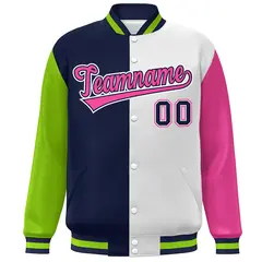 Neon Green Navy White-Pink Color Block Varsity Bomber Jacket 3