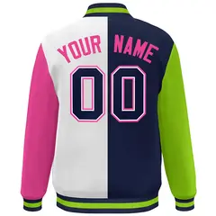 Neon Green Navy White-Pink Color Block Varsity Bomber Jacket 4
