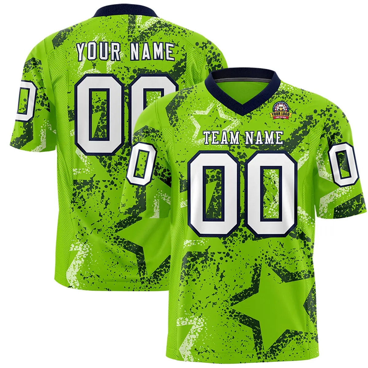 Neon Green Navy-White Star Graffiti Football Jersey