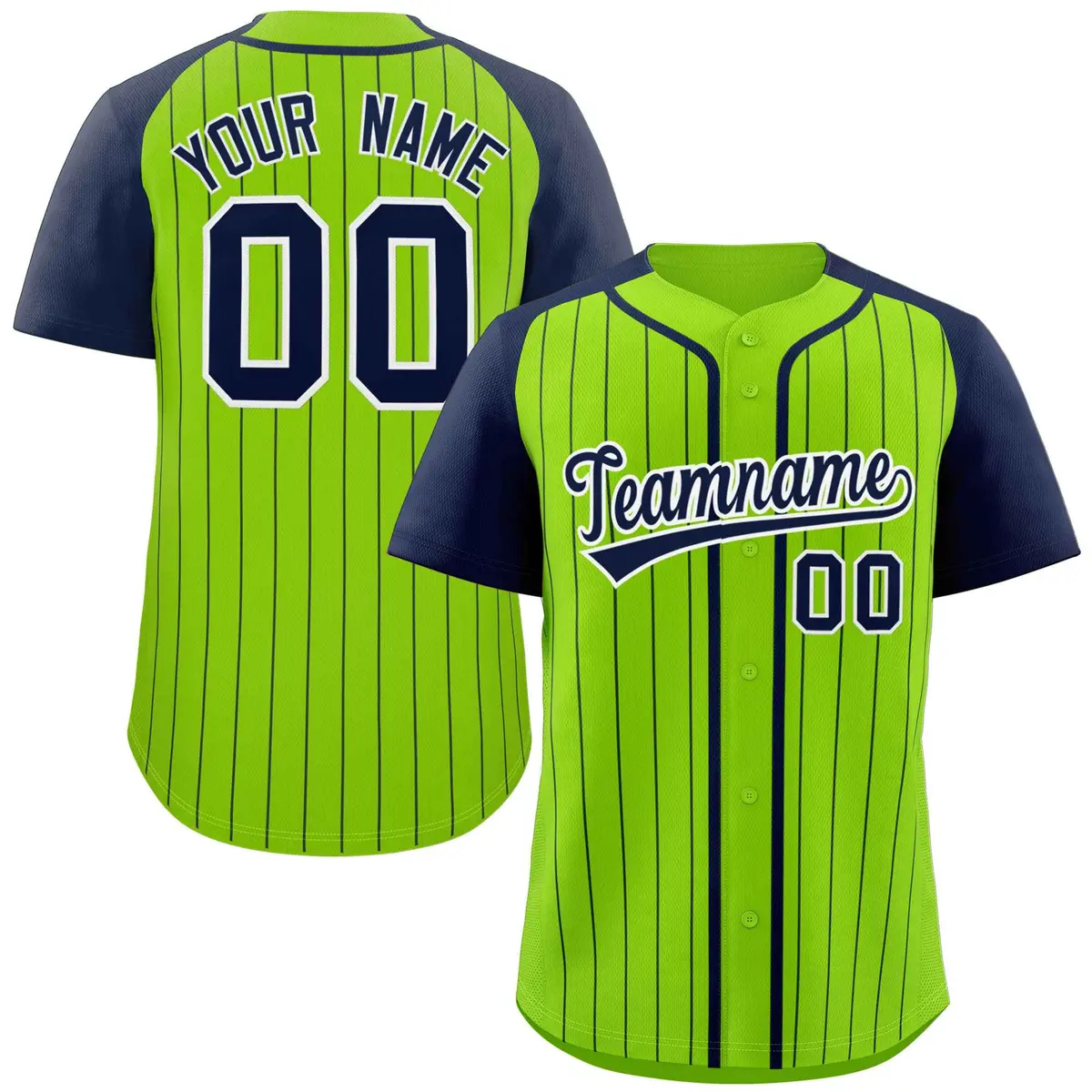 Neon Green Navy-White Stripe Raglan Sleeves Baseball Jersey