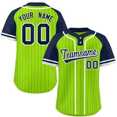 Neon Green Navy-White Stripe Raglan Two-Button Softball Jersey 1