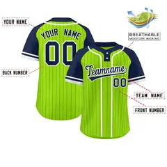 Neon Green Navy-White Stripe Raglan Two-Button Softball Jersey 2