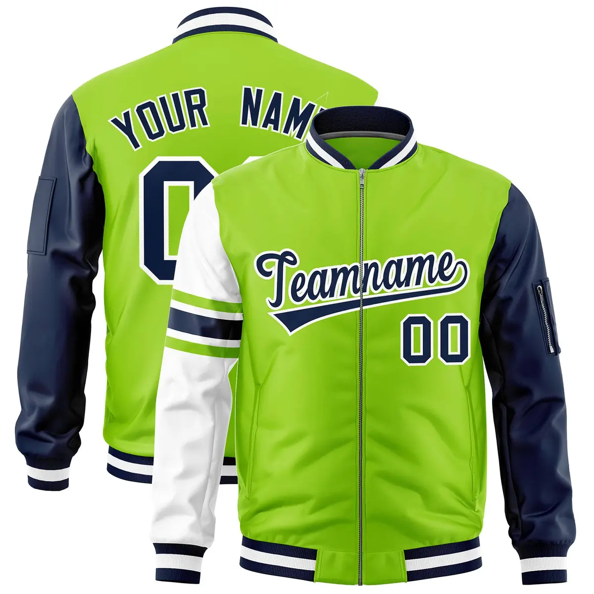 Neon Green Navy-White Varsity Full-Zip Raglan Stripe Letterman Bomber Jacket
