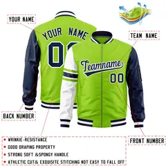 Neon Green Navy-White Varsity Full-Zip Raglan Stripe Letterman Bomber Jacket 2
