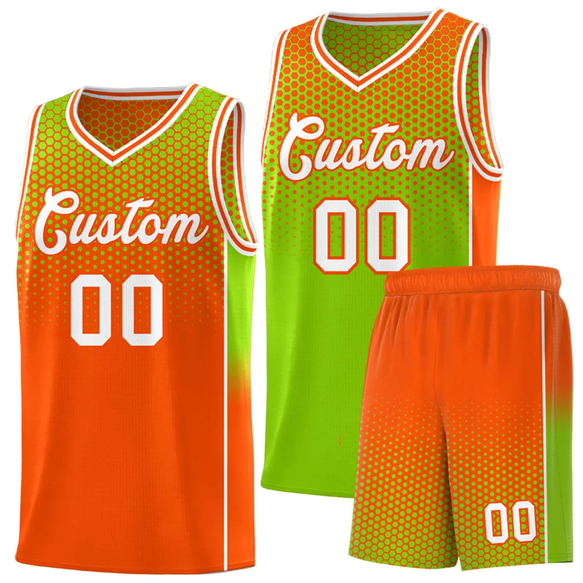 Neon Green Orange Dot Pattern Reversible Side Gradient Basketball Jersey Kits