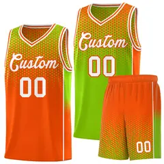 Neon Green Orange Dot Pattern Reversible Side Gradient Basketball Jersey Kits