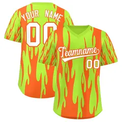 Neon Green Orange Flame Pattern Pullover Baseball Jersey 1