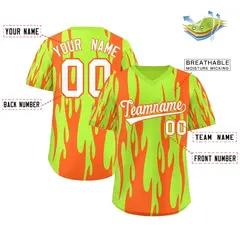 Neon Green Orange Flame Pattern Pullover Baseball Jersey 2