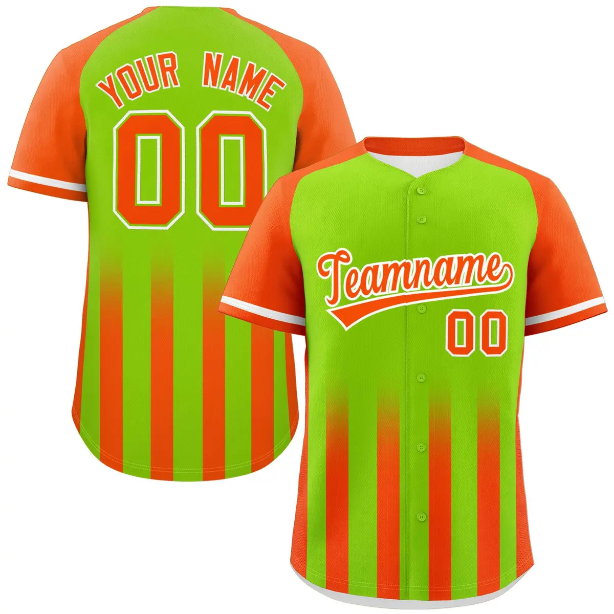 Neon Green Orange Gradient Thick Stripe Raglan Baseball Jersey