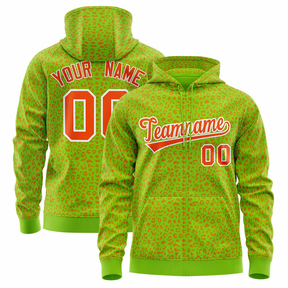 Neon Green Orange Leopard Print Varsity Letterman Jacket Hoodie