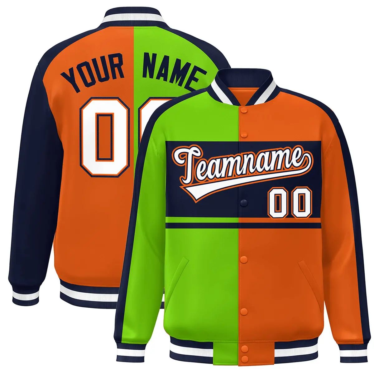 Neon Green Orange Navy-White Color Block Varsity Baseball Jacket