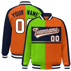 Neon Green Orange Navy-White Color Block Varsity Baseball Jacket