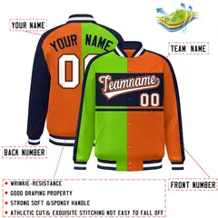 Neon Green Orange Navy-White Color Block Varsity Baseball Jacket 2