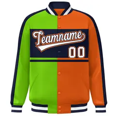 Neon Green Orange Navy-White Color Block Varsity Baseball Jacket 3