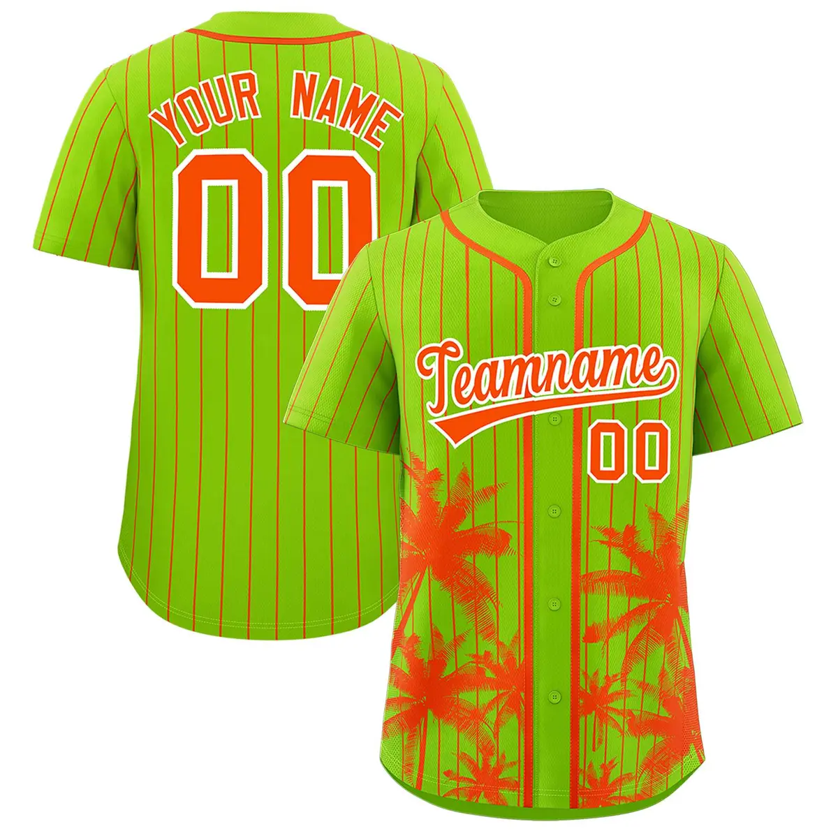 Neon Green Orange Pinstripe Coconut Tree Baseball Jersey