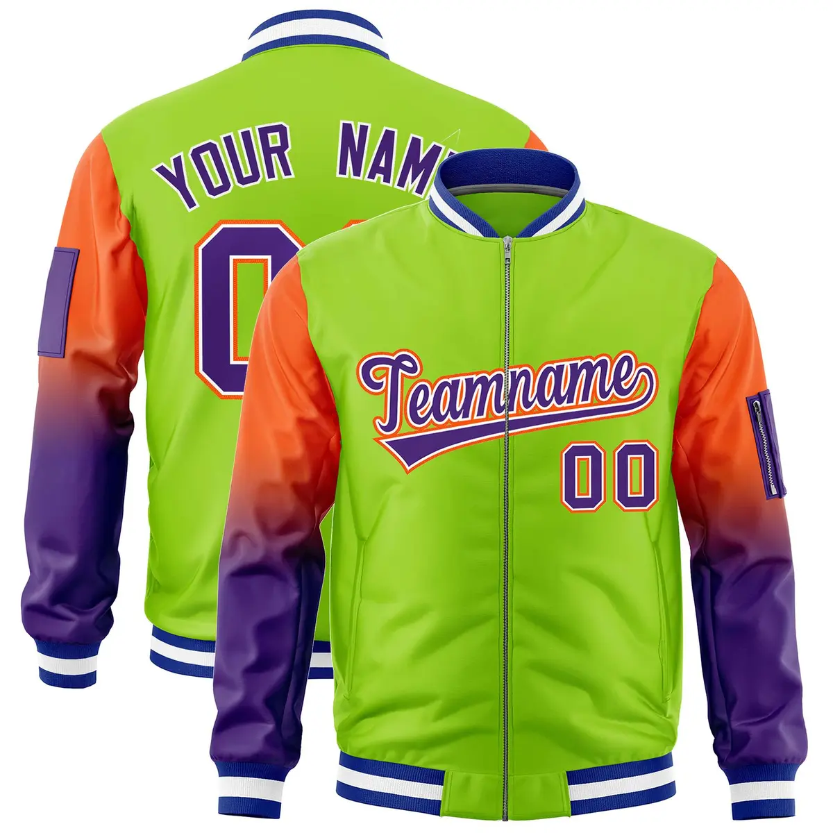Neon Green Orange-Purple Gradient Raglan Varsity Full-Zip Letterman Bomber Jacket