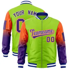 Neon Green Orange-Purple Gradient Raglan Varsity Full-Zip Letterman Bomber Jacket 1