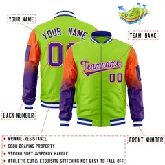 Neon Green Orange-Purple Gradient Raglan Varsity Full-Zip Letterman Bomber Jacket 2