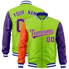 Neon Green Orange Purple Varsity Letterman Bomber Jacket Full-Zip Raglan 1