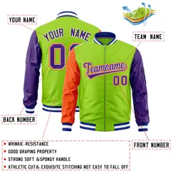 Neon Green Orange Purple Varsity Letterman Bomber Jacket Full-Zip Raglan 2